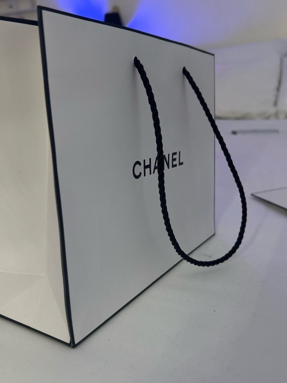 CHANEL White and Black Branded Rope-Handle Shopping Bag